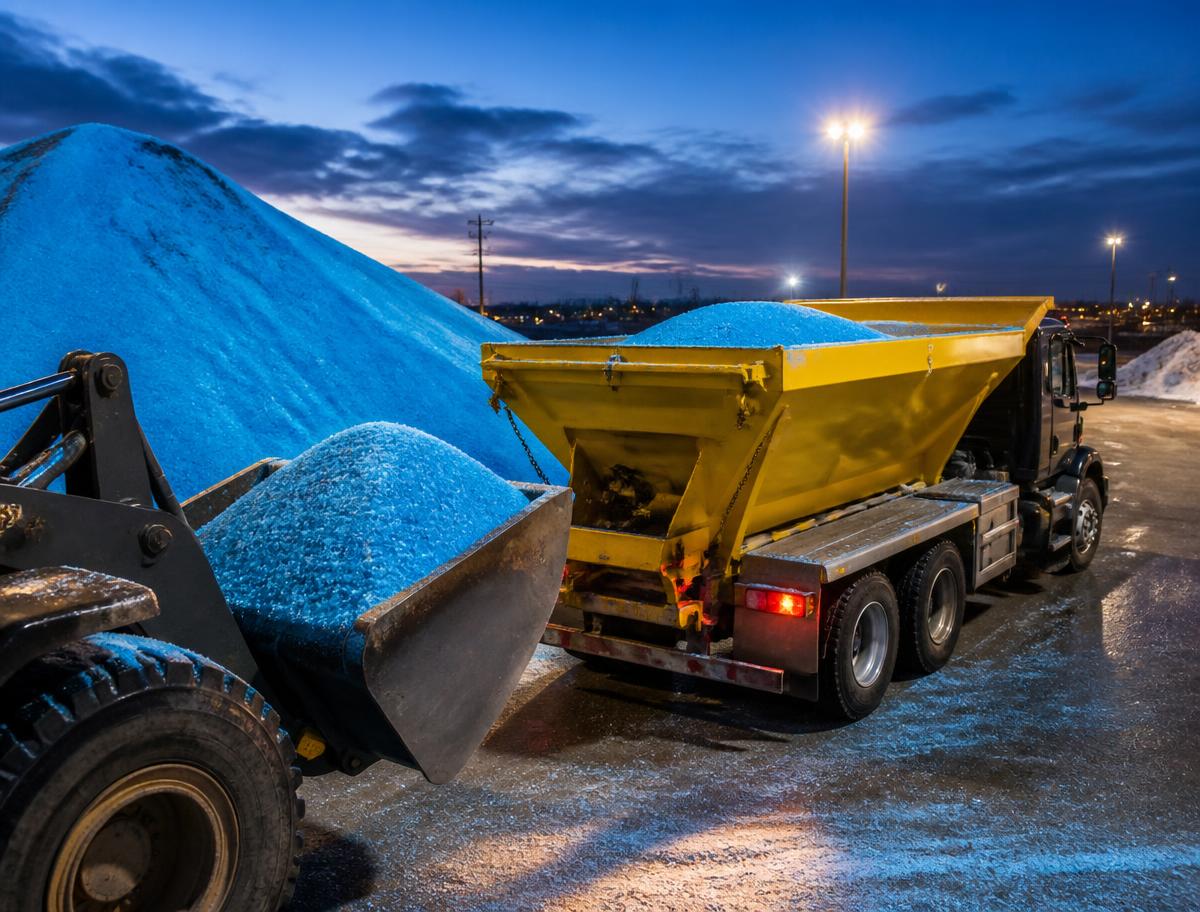 Loader bucket and bulk stockpile of blue-treated commercial rock salt beside a high-capacity V-box spreader in a lit Mississauga yard