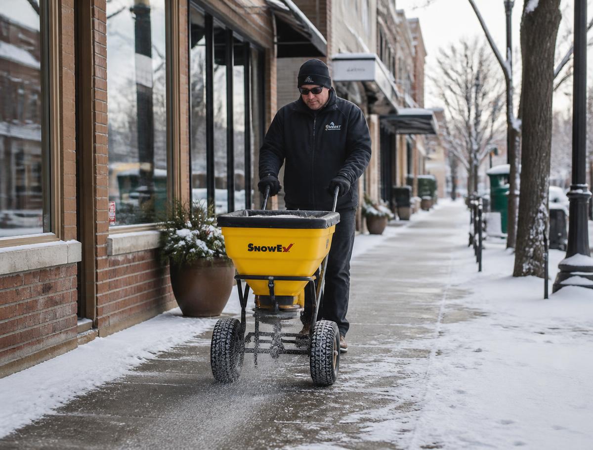QSR crew member operating a commercial walk-behind broadcast spreader on a storefront sidewalk